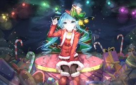 하츠네 미쿠, 크리스마스 애니메이션 소녀, 모자, 미소, 선물 HD 배경 화면