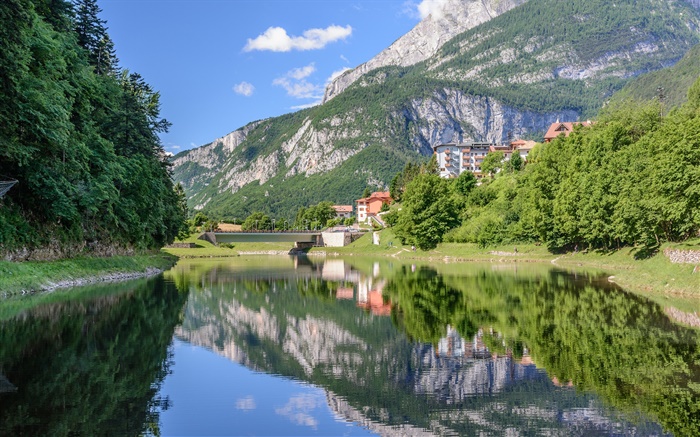 호수 몰 베노, Trentino, 이탈리아, 산, 물 반사, 다리, 나무, 집 배경 화면 그림