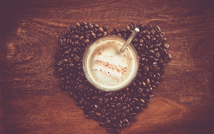 심장 커피 콩 사랑, 테이블, 찻잔, 음료 배경 화면 그림