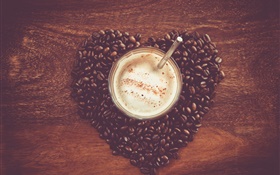심장 커피 콩 사랑, 테이블, 찻잔, 음료 HD 배경 화면