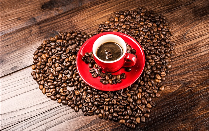 사랑의 마음 커피 콩, 곡물, 레드 컵, 접시 배경 화면 그림