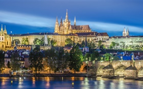 프라하, 체코 공화국, 강, 다리, 성 비투스 성당, 밤, 조명 HD 배경 화면