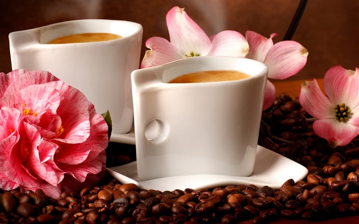 두 잔 커피, 향기, 커피 콩, 꽃 배경 화면 그림