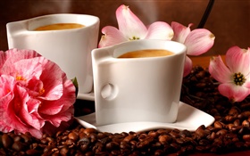 두 잔 커피, 향기, 커피 콩, 꽃 HD 배경 화면