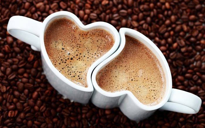 두 잔 커피, 사랑의 마음, 거품, 음료 배경 화면 그림
