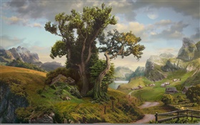 아트 그림, 집, 나무, 마을, 산, 도로, 호수 HD 배경 화면