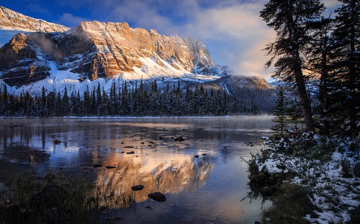 밴프 국립 공원, 캐나다, 바위 산, 호수, 아침, 물 반사 배경 화면 그림