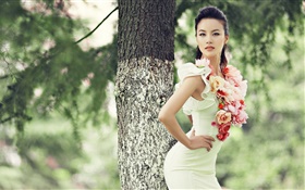 아름다운 드레스 아시아 여자, 슬림 그림, 꽃 HD 배경 화면