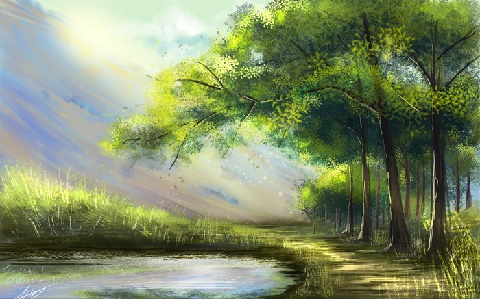 아름다운 그림, 숲, 호수, 나무 배경 화면 그림