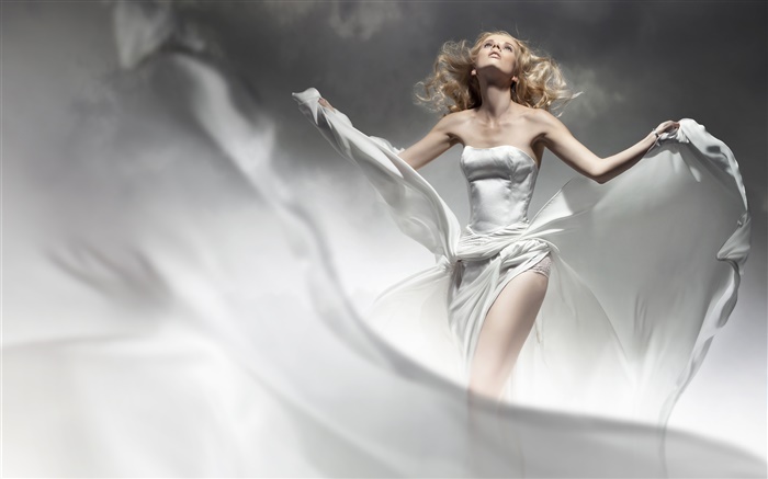 천사 같은 금발 소녀, 흰색 드레스, 바람, 배경 화면 그림