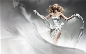 천사 같은 금발 소녀, 흰색 드레스, 바람, HD 배경 화면