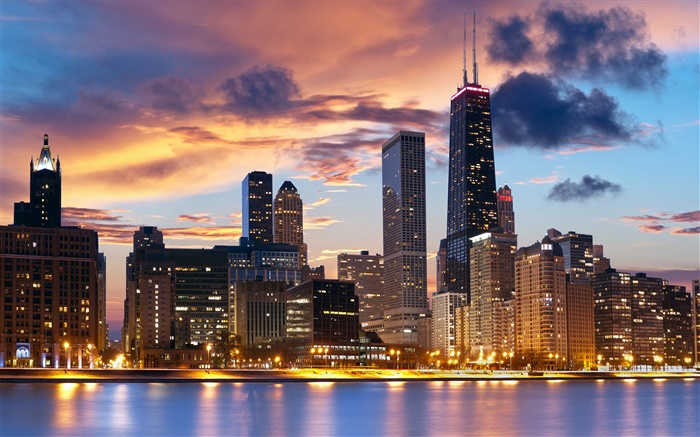 시카고, 미국, 강, 주택, 저녁, 조명 배경 화면 그림