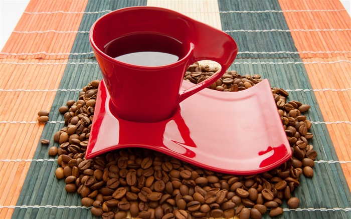컵, 붉은 커피 콩, 음료, 배경 화면 그림