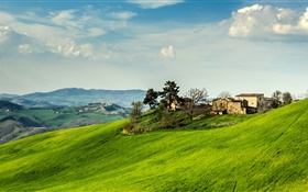 이탈리아, 경사, 잔디, 집, 나무, 구름 HD 배경 화면
