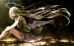 긴 머리 애니메이션 소녀, 날개, 천사, 빛 후광
