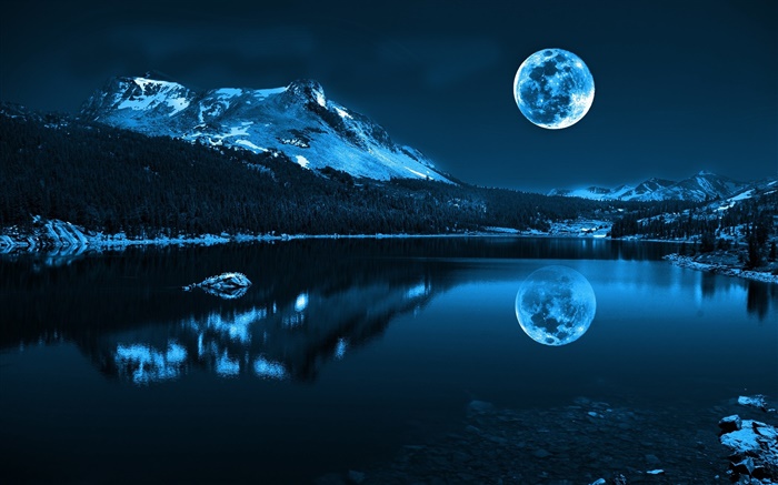 밤, 달, 호수, 산, 반사, 돌 배경 화면 그림