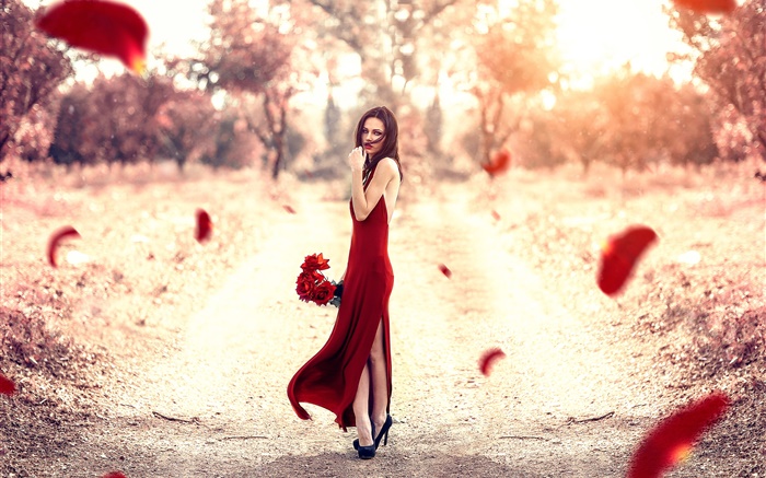 빨간 드레스 소녀, 장미 꽃잎, 태양 배경 화면 그림