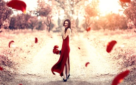 빨간 드레스 소녀, 장미 꽃잎, 태양 HD 배경 화면