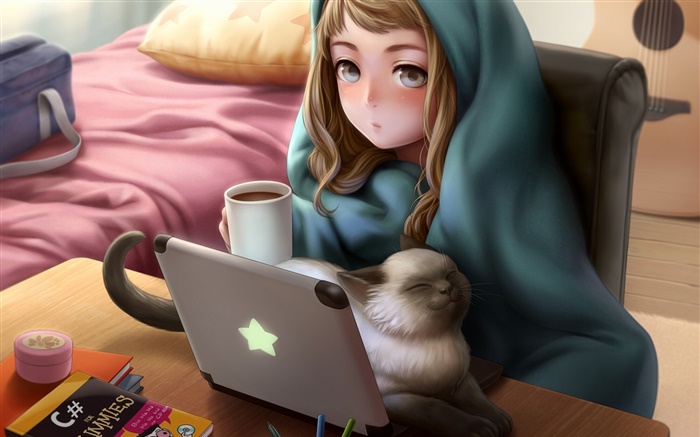 애니메이션 소녀가 사용 노트북, 룸, 고양이, 차 배경 화면 그림