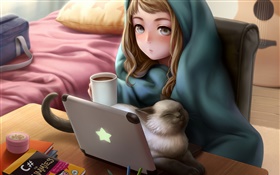 애니메이션 소녀가 사용 노트북, 룸, 고양이, 차