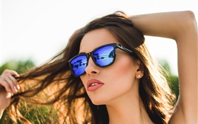 파란색 안경 소녀, 립스틱, 머리, 여름 HD 배경 화면
