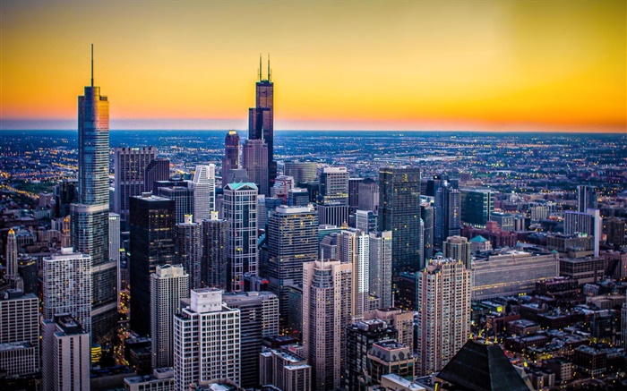 시카고, 일리노이, 미국, 도시, 황혼, 고층 빌딩, 일몰 배경 화면 그림