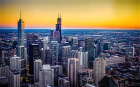 시카고, 일리노이, 미국, 도시, 황혼, 고층 빌딩, 일몰 HD 배경 화면