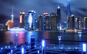 중국, 상하이, 도시의 밤, 고층 빌딩, 조명, 강