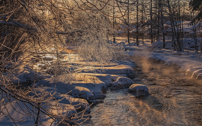 추운 겨울, 나무, 강, 두꺼운 눈 배경 화면 그림