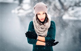 추운 겨울, 눈, 바람, 장갑, 모자 소녀 HD 배경 화면