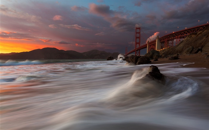 골든 게이트 브리지, 마샬 해변, 바다, 미국, 샌프란시스코, 밤, 구름 배경 화면 그림