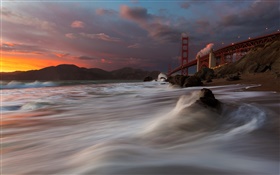 골든 게이트 브리지, 마샬 해변, 바다, 미국, 샌프란시스코, 밤, 구름 HD 배경 화면