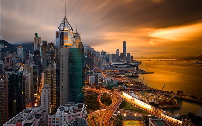 홍콩, 중국, 도시의 밤, 포트, 하늘, 건물, 밤 배경 화면 그림
