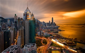 홍콩, 중국, 도시의 밤, 포트, 하늘, 건물, 밤