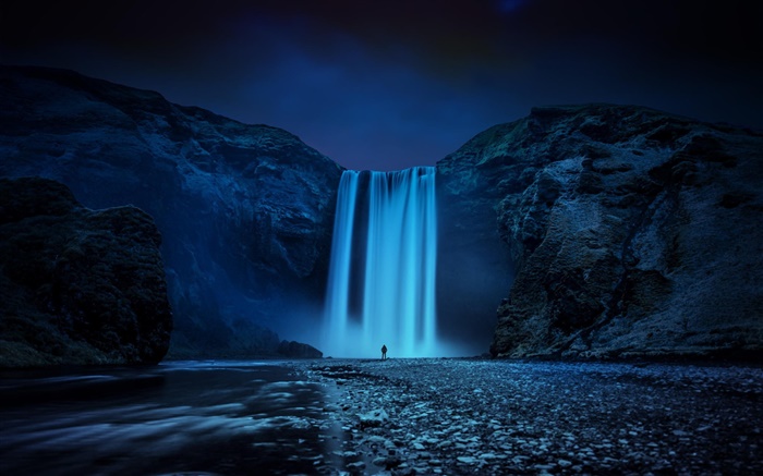 아이슬란드, 바위, 폭포, 밤 배경 화면 그림
