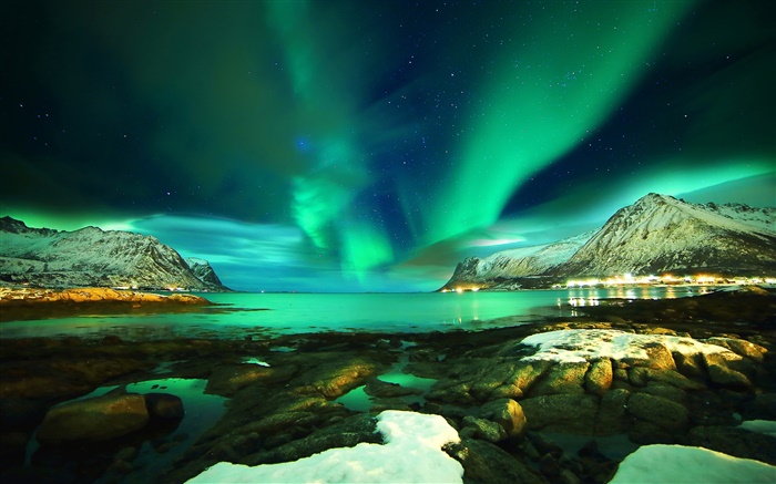 로 포텐 제도, 노르웨이, 오로라, 산, 바다, 돌, 밤 배경 화면 그림