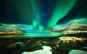 로 포텐 제도, 노르웨이, 오로라, 산, 바다, 돌, 밤