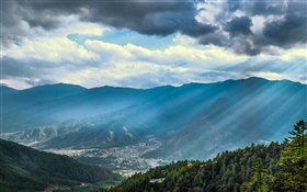 산, 계곡, 하늘, 구름, 태양 광선 HD 배경 화면