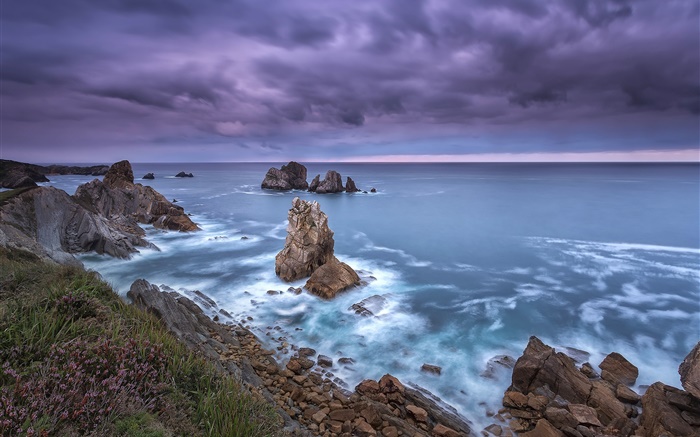 북부 스페인, 칸타 브리아, 해안, 바다, 바위, 구름, 황혼 배경 화면 그림