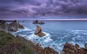 북부 스페인, 칸타 브리아, 해안, 바다, 바위, 구름, 황혼 HD 배경 화면