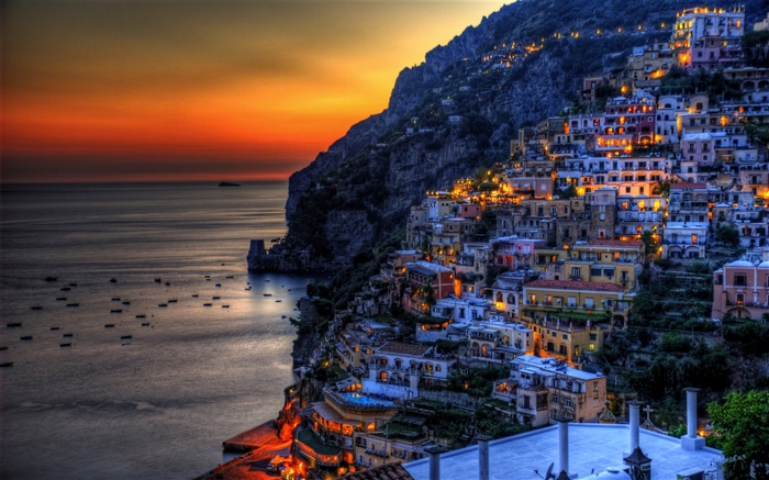 포지 타노, 이탈리아, 아름다운 일몰, 바다, 해안, 산, 집, 조명 배경 화면 그림