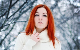 예쁜 여자, 빨간 머리, 겨울, 눈 HD 배경 화면