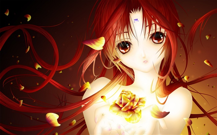 빨간 머리 애니메이션 소녀, 장미 꽃잎 배경 화면 그림