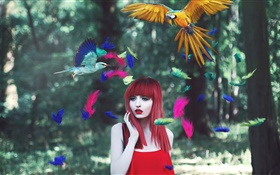 빨간 머리 소녀, 화려한 깃털, 조류, 창조적 인 사진 HD 배경 화면