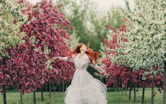 빨간 머리 소녀 댄스, 꽃, 나무, 봄, 나뭇잎 배경 화면 그림