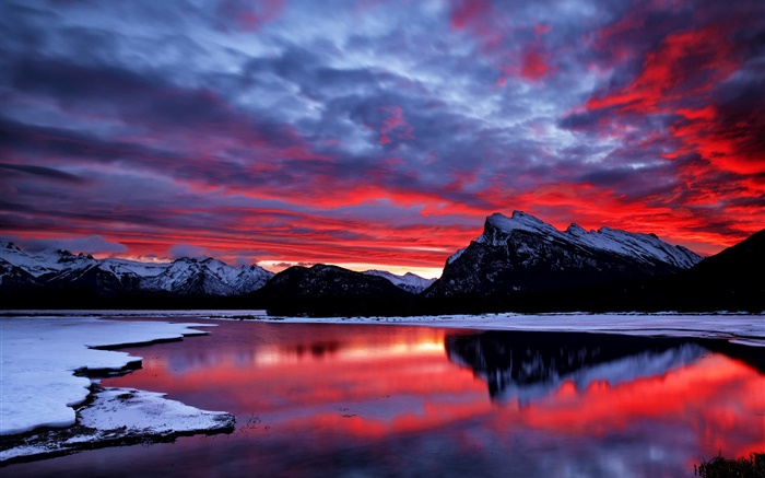 붉은 하늘, 구름, 빛, 일몰, 산, 호수, 눈, 겨울 배경 화면 그림