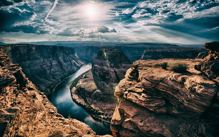 강, 호스 슈 벤드, 애리조나, 미국, 협곡, 태양, 구름 배경 화면 그림