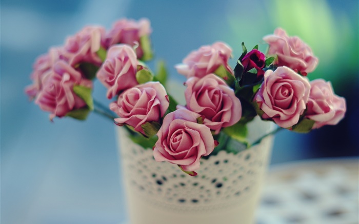 장미 꽃, 핑크, 꽃병, 배경 흐림 배경 화면 그림