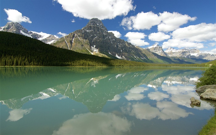 물새 호수, 밴프 국립 공원, 앨버타, 캐나다, 구름, 산, 숲 배경 화면 그림