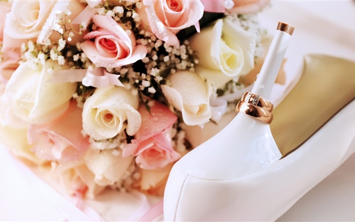 결혼 반지, 핑크 꽃, 발 뒤꿈치 장미 배경 화면 그림
